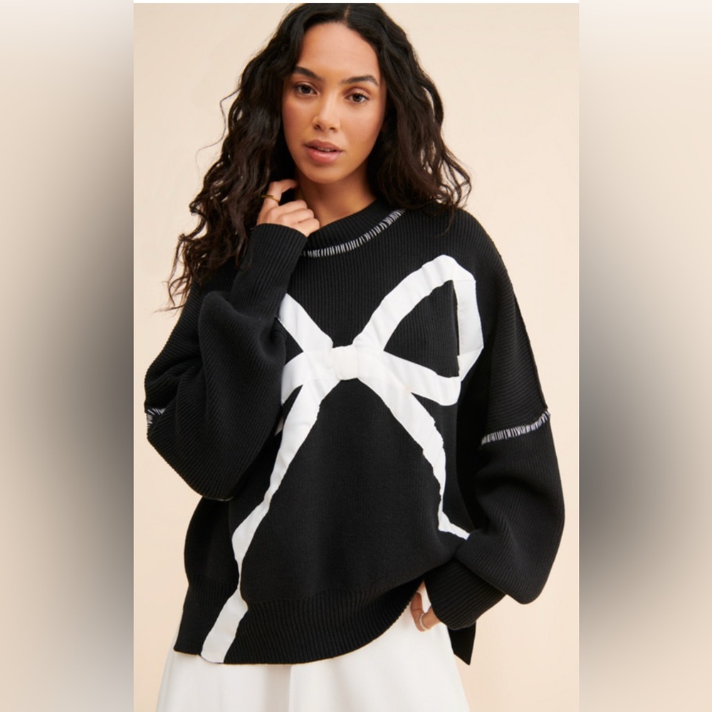 Free people x Tricia Fix Black Exploded Bow Knit Sweater Size S